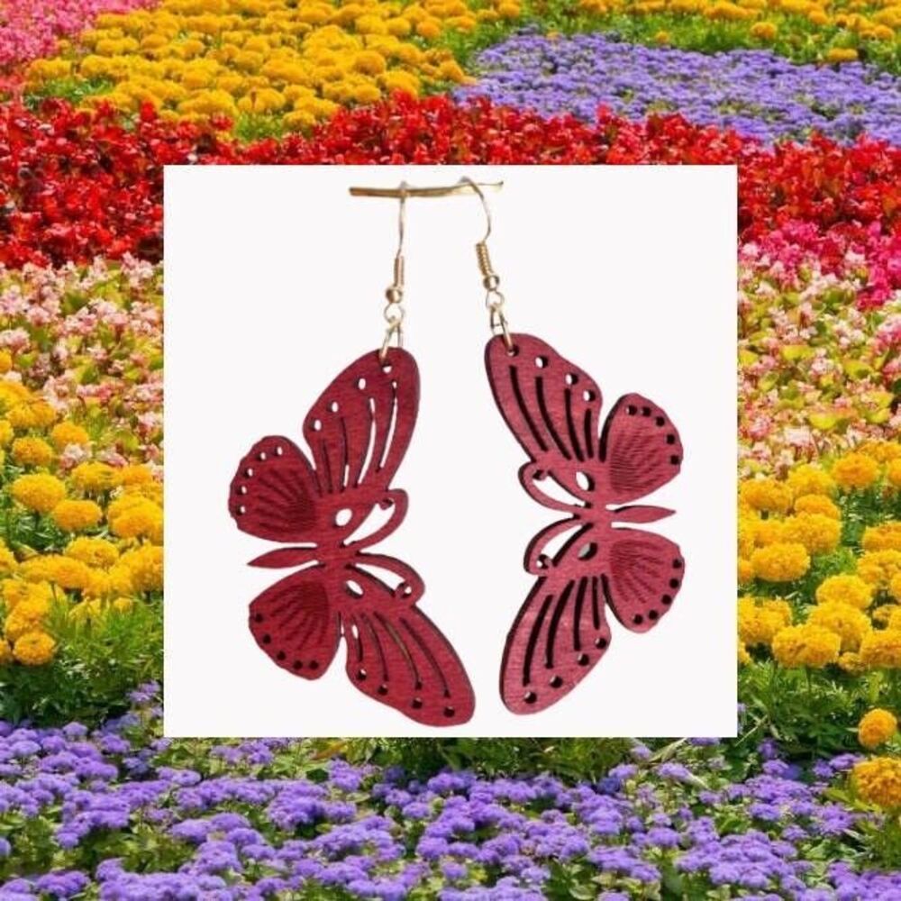 Butterfly Earrings NEW Redwood Cutouts Lightweight Dangle French Hooks Boho - Picture 5 of 8